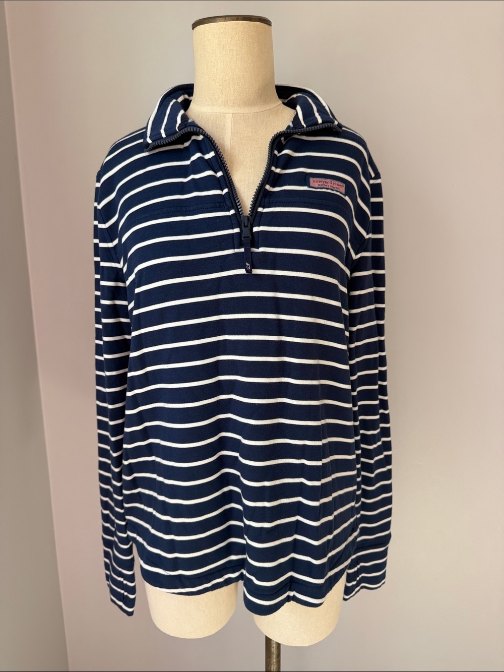 Vineyard Vines Dreamcloth Shep Shirt Navy White Striped 1/4 Zip Pullover Medium